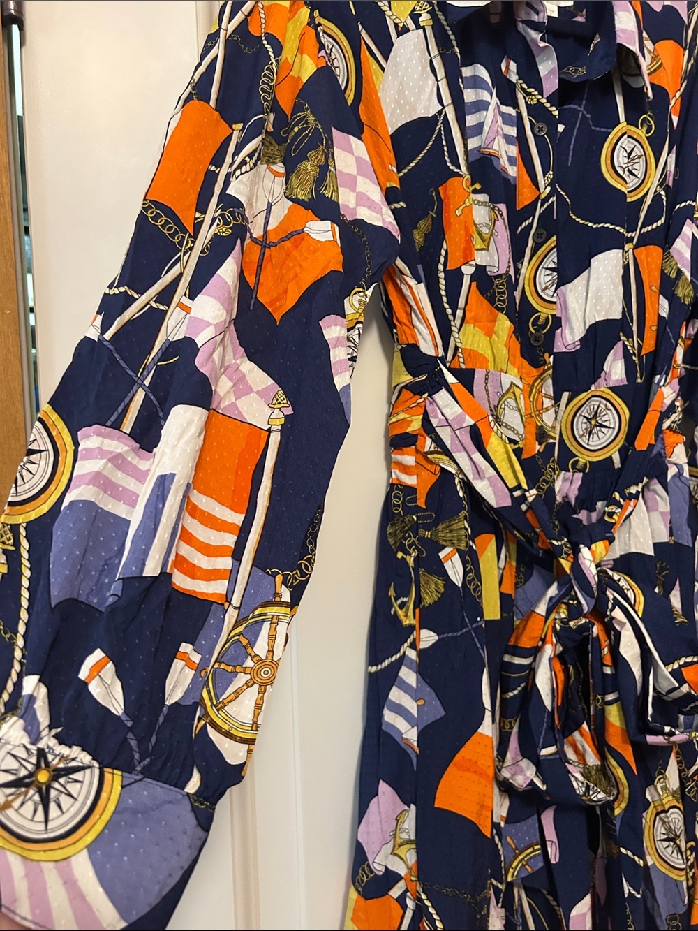 Anthropologie Maeve Navy Shirt Dress with Orange, Purple & Cream Nautical Print - Picture 4 of 16